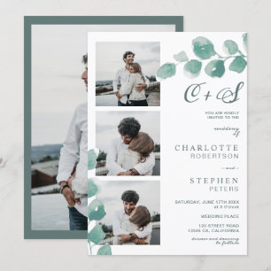 Greenery eucalyptus floral initials photos wedding invitation