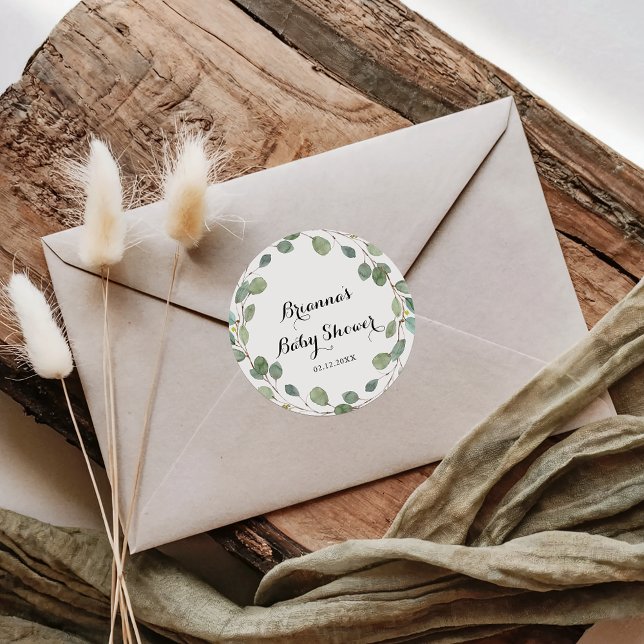 Greenery Eucalyptus Foliage Baby Shower Favour Classic Round Sticker (Creator Uploaded)