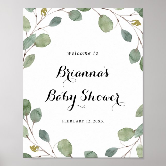 Greenery Eucalyptus Foliage Baby Shower Welcome Poster (Front)
