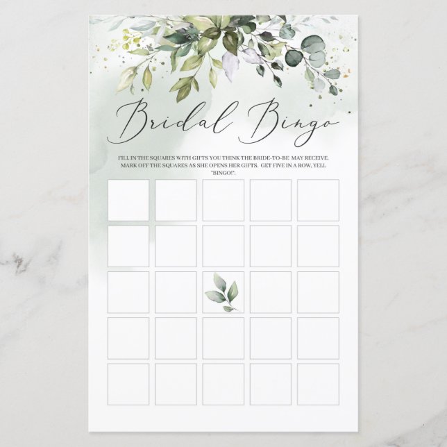 Greenery eucalyptus foliage bridal shower bingo (Front)