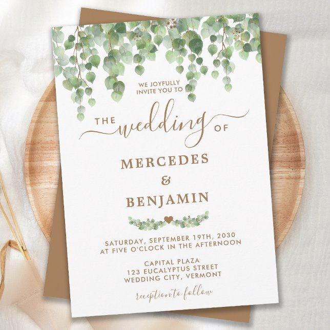 Greenery Eucalyptus Foliage Elegant Gold Wedding Invitation (Creator Uploaded)