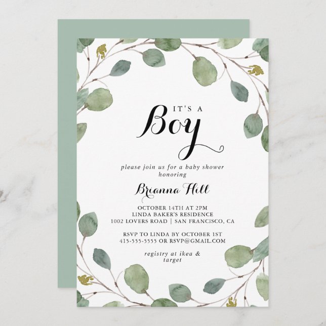 Greenery Eucalyptus Foliage It's A Boy Baby Shower Invitation (Front/Back)
