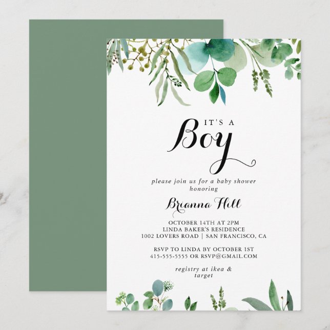 Greenery Eucalyptus Foliage It's A Boy Baby Shower Invitation (Front/Back)
