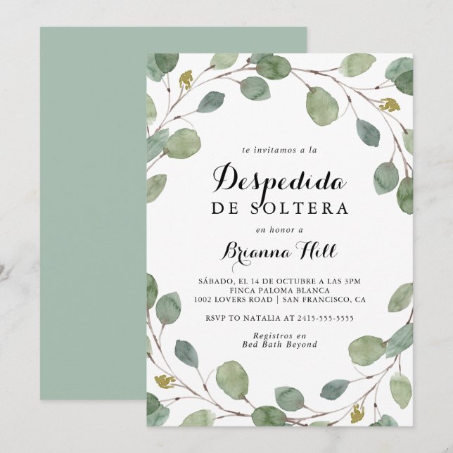 Greenery Eucalyptus Foliage Spanish Bridal Shower Invitation (Front/Back)