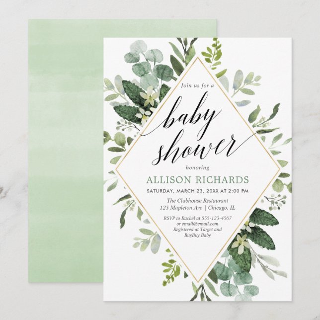 Greenery eucalyptus gender neutral baby shower invitation (Front/Back)