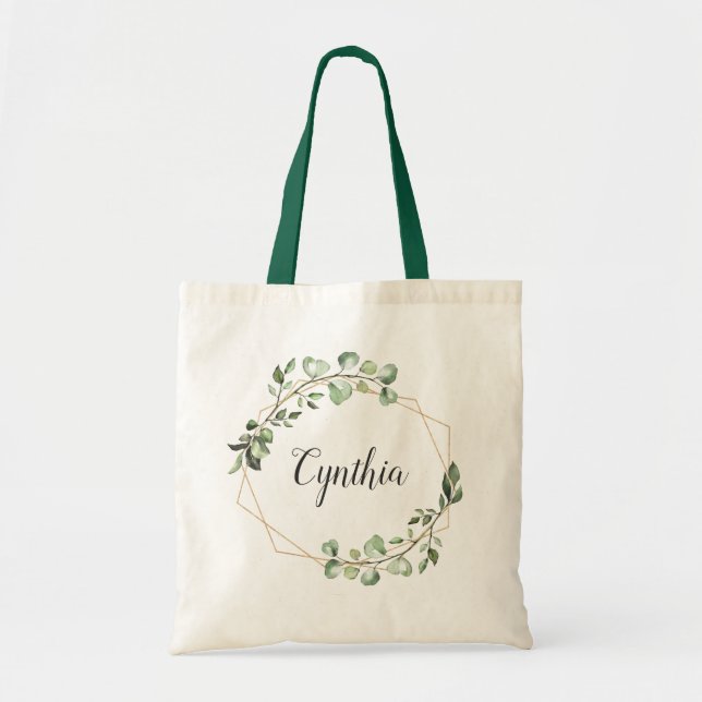 Greenery Eucalyptus Geometric Frame Bridesmaid Tote Bag (Front)
