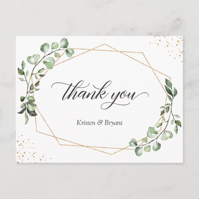 Greenery Eucalyptus Geometric Gold Frame Thank You Postcard (Front)