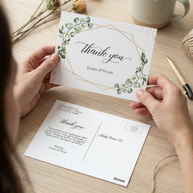 Greenery Eucalyptus Geometric Gold Frame Thank You Postcard (Creator Uploaded)