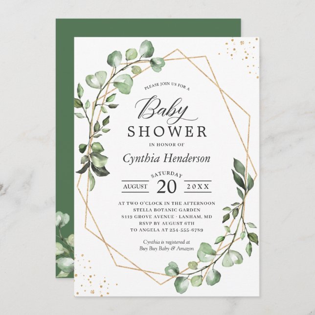 Greenery Eucalyptus Geometric Neutral Baby Shower Invitation (Front/Back)