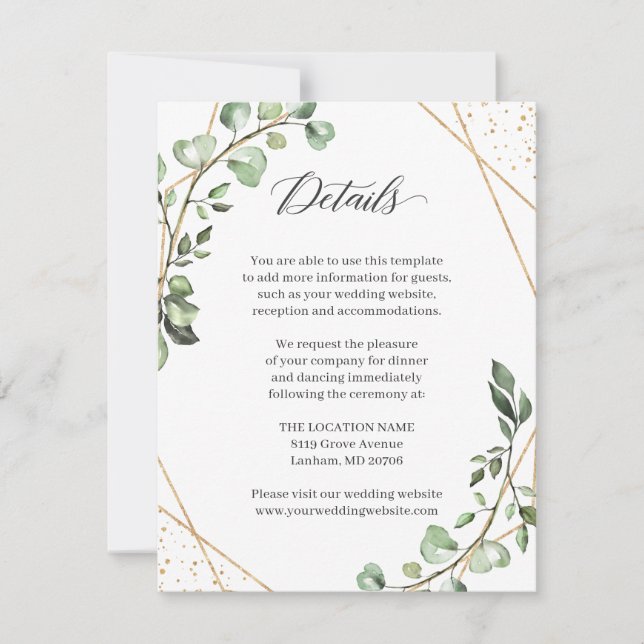 Greenery Eucalyptus Geometric Wedding Details Card (Front)