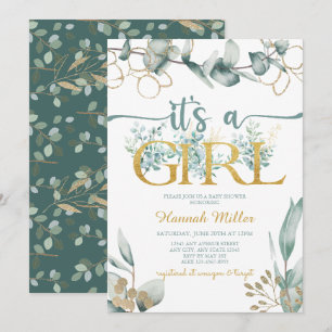 Greenery Eucalyptus    Girl Baby Shower Watercolor Invitation