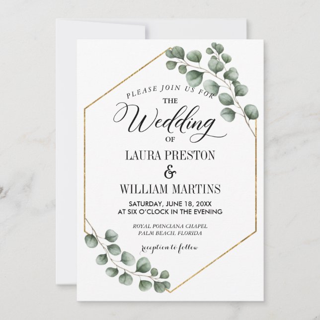 Greenery Eucalyptus Glitter Geometric  Wedding Invitation (Front)
