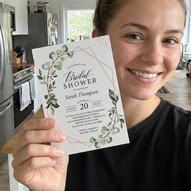 Greenery Eucalyptus Gold Geometric Bridal Shower Invitation (Creator Uploaded)