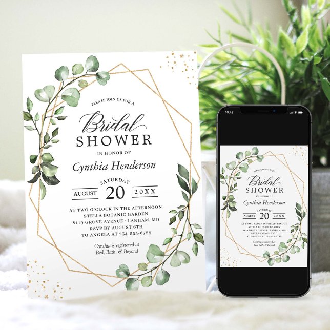 Greenery Eucalyptus Gold Geometric Bridal Shower Invitation (Creator Uploaded)