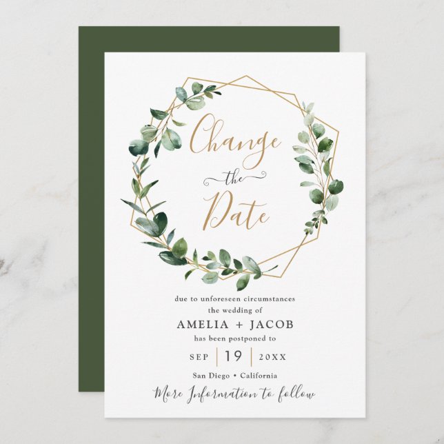 Greenery Eucalyptus Gold Geometric Change the Date Invitation (Front/Back)