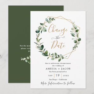 Greenery Eucalyptus Gold Geometric Change the Date Invitation