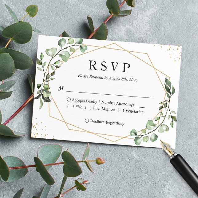 Greenery Eucalyptus Gold Geometric Frame Wedding RSVP Card (Creator Uploaded)