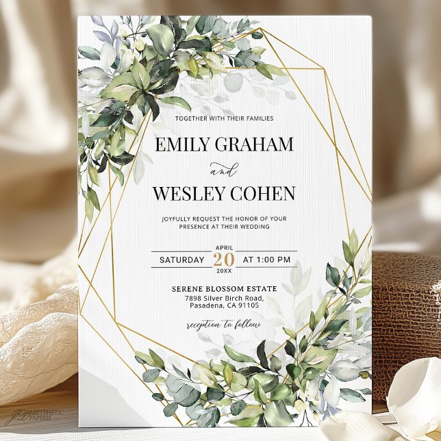 Greenery Eucalyptus Gold Geometric Wedding  Invitation (Creator Uploaded)