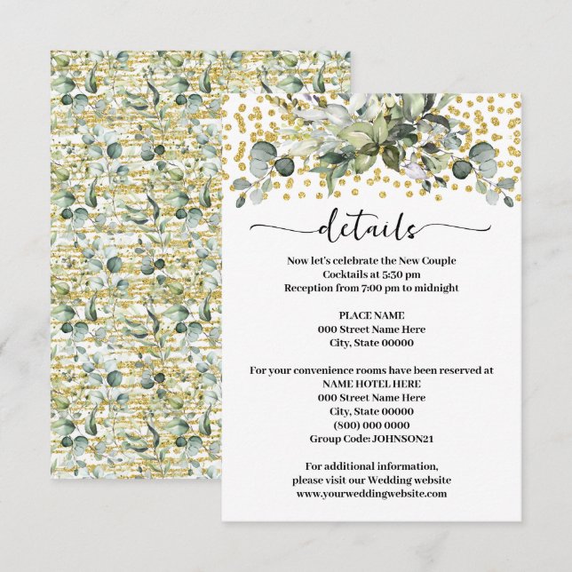 Greenery Eucalyptus Gold Glitter Wedding Details Enclosure Card (Front/Back)