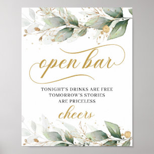 Greenery eucalyptus gold leaves open bar sign