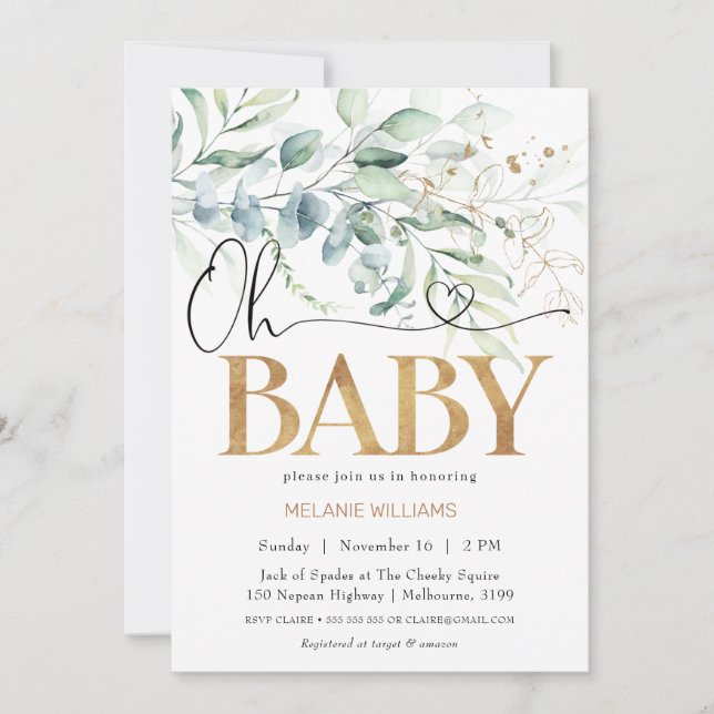 Greenery Eucalyptus Gold Oh Baby Baby Shower Invitation (Front)