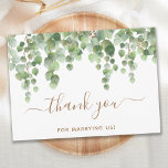 Greenery Eucalyptus Gold Script Wedding Officiant  Thank You Card<br><div class="desc">Thank You for marrying us! Show your appreciation to your wedding officiant with these modern yet rustic eucalyptus greenery, elegant thank you cards. These rustic yet elegant wedding thank you cards feature watercolor eucalyptus greenery leaves, delicate gold script on white. Customise these wedding thank you cards with your personal message....</div>