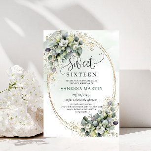 Greenery Eucalyptus Gold Sweet Sixteen Invitation