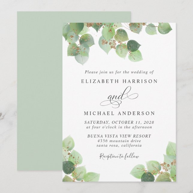 Greenery Eucalyptus Gold Watercolor Wedding Invitation (Front/Back)
