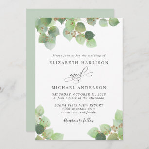 Greenery Eucalyptus Gold Watercolor Wedding Invitation