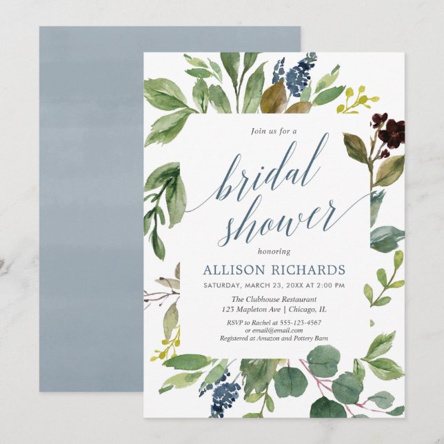 Greenery eucalyptus green leaves dusty blue bridal invitation (Front/Back)