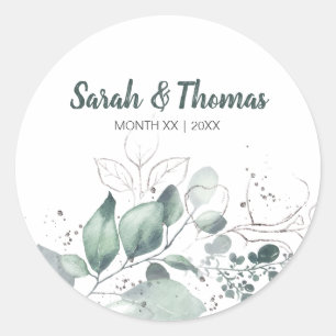 GREENERY EUCALYPTUS GREEN WATERCOLOUR WEDDING CLASSIC ROUND STICKER