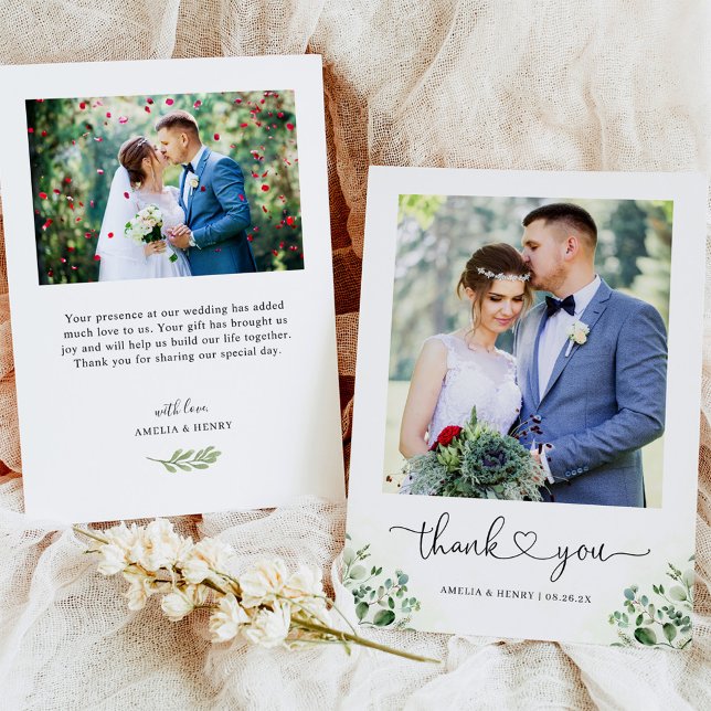 Greenery Eucalyptus Heart Script Wedding Photo Thank You Card (Creator Uploaded)
