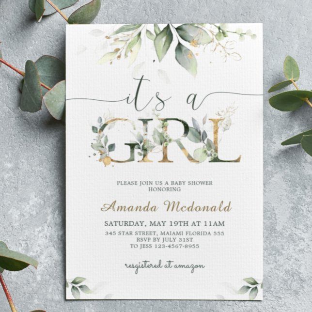 Greenery Eucalyptus It's a Girl Baby Shower Invitation (Creator Uploaded)