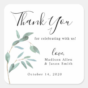 Greenery Eucalyptus Leaf Simple Wedding Thank You Square Sticker