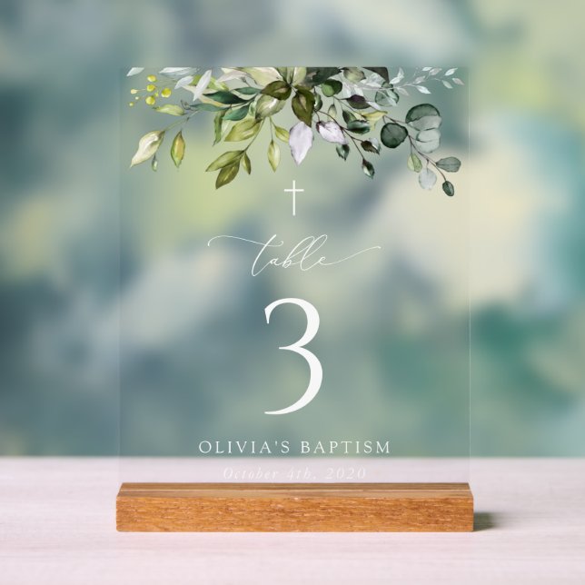 Greenery, Eucalyptus Leaves, Baptism Table Numbers Acrylic Sign (Neutral)