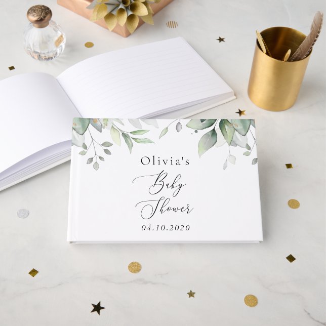 Greenery, Eucalyptus Leaves, Boho, Baby Shower Guest Book (Front Open)