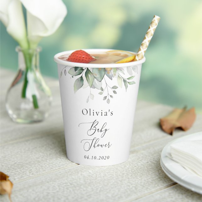 Greenery, Eucalyptus Leaves, Boho, Baby Shower Paper Cups (Insitu)