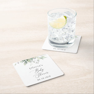 Greenery, Eucalyptus Leaves, Boho, Baby Shower Square Paper Coaster