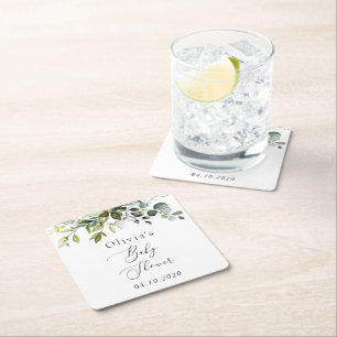 Greenery, Eucalyptus Leaves, Boho, Baby Shower Square Paper Coaster