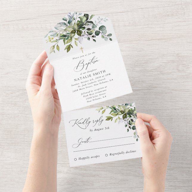Greenery, Eucalyptus Leaves, Boho, Baptism All In One Invitation (Tearaway)