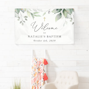 Greenery, Eucalyptus Leaves, Boho, Baptism Welcome Banner