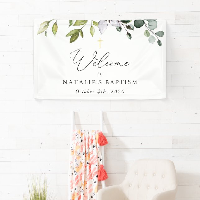 Greenery, Eucalyptus Leaves, Boho, Baptism Welcome Banner (Insitu)