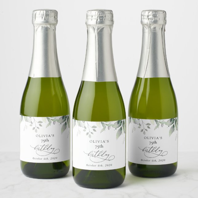 Greenery, Eucalyptus Leaves, Boho, Birthday Sparkling Wine Label (Bottles)