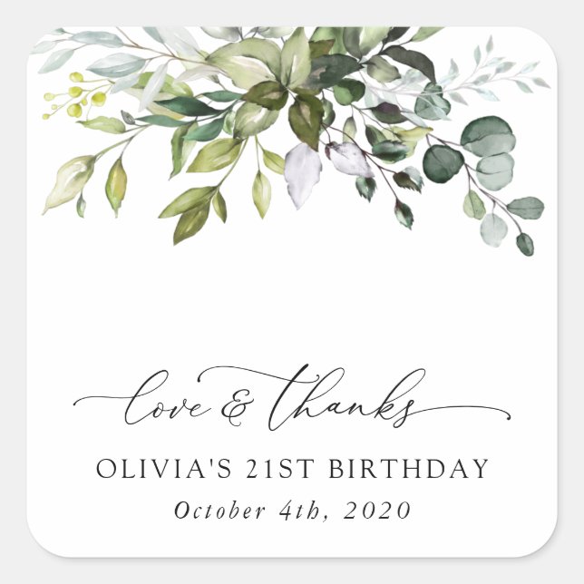 Greenery, Eucalyptus Leaves, Boho, Birthday Square Sticker (Front)