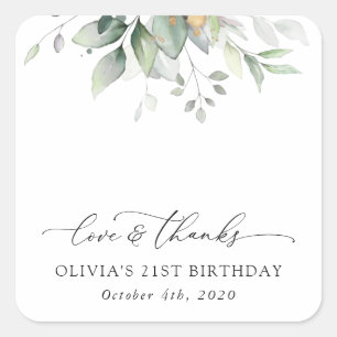 Greenery, Eucalyptus Leaves, Boho, Birthday Square Sticker