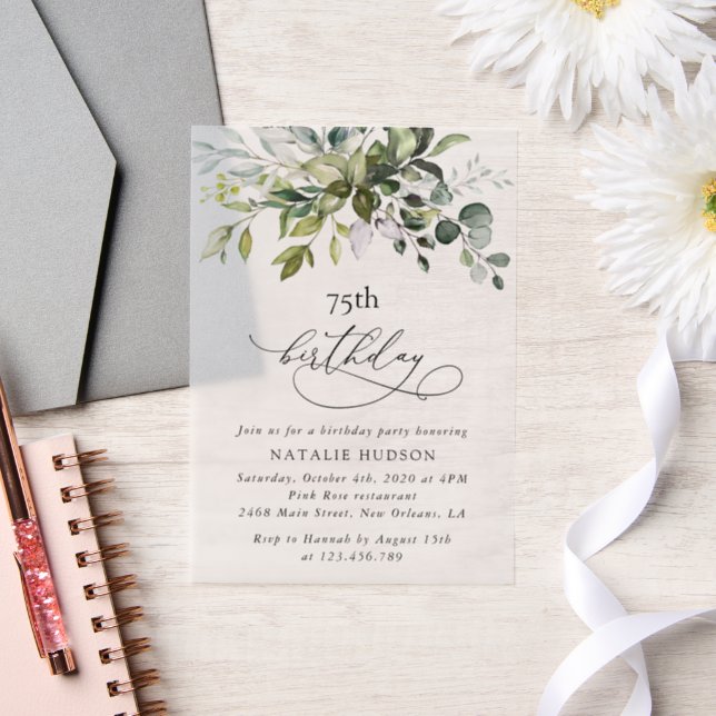 Greenery, Eucalyptus Leaves, Boho, Birthday Vellum Invitations (Wedding)