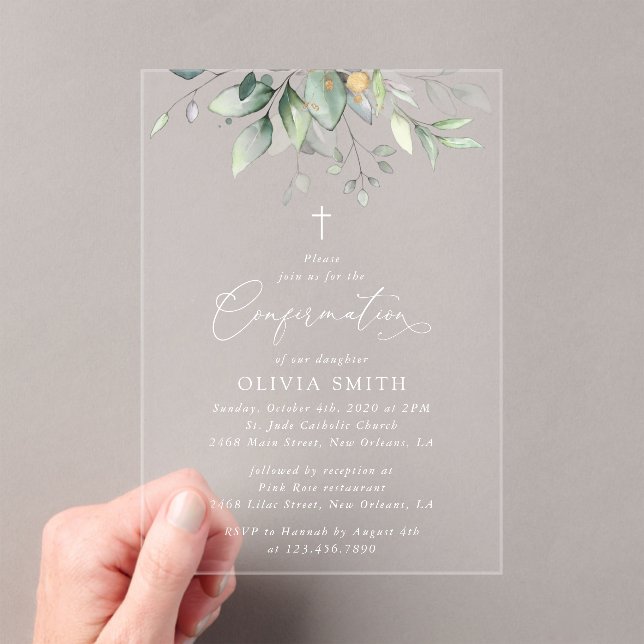 Greenery, Eucalyptus Leaves, Boho, Confirmation Acrylic Invitations (Insitu (Handheld))