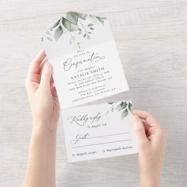 Greenery, Eucalyptus Leaves, Boho, Confirmation All In One Invitation (Tearaway)