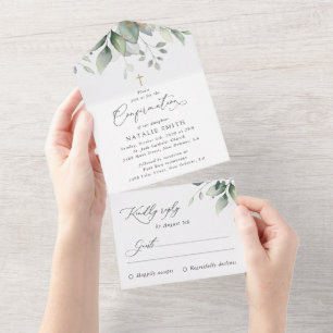 Greenery, Eucalyptus Leaves, Boho, Confirmation All In One Invitation