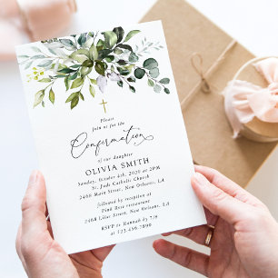 Greenery, Eucalyptus Leaves, Boho, Confirmation Invitation